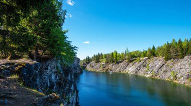 Vahşi doğada kuzey doğası. Pines göl kıyısında. Seyahat ve güzel yerlerin keşfi