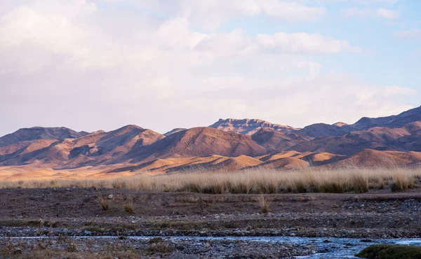 素晴らしい砂漠の風景の背景 砂漠の山々の美しい風景 砂漠の中央部にある旧石器時代のカラフルな山々 乾いた草と小さな川 曇った空 — ストック写真