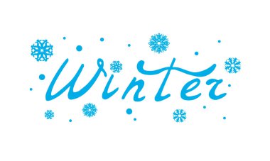 Kar taneleri ve kar. Kış metinleri, kelimeler ve harflerle. Kış konsepti, logo şablonu ve imzası. Yazdırma ve ağ için vektör illüstrasyonu. EPS10.