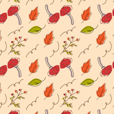 Sonbahar yaprakları ve mantarların pürüzsüz deseni.