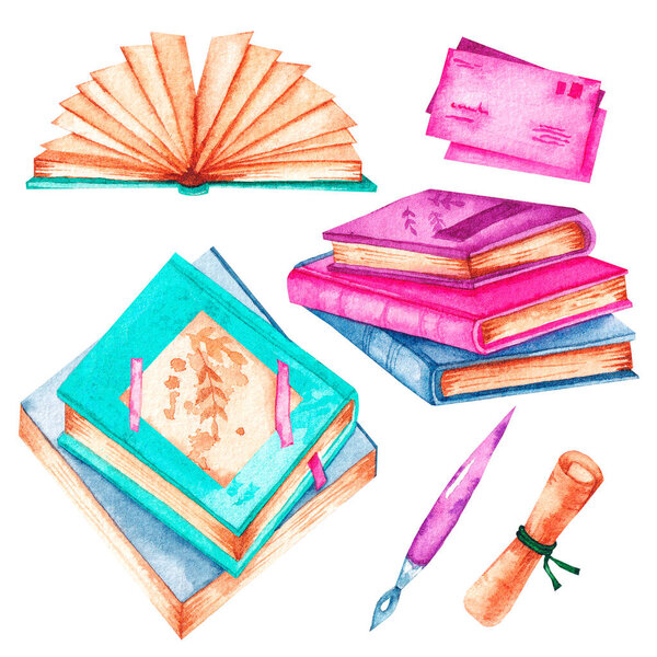 Акварель с книгами на белом фоне 05