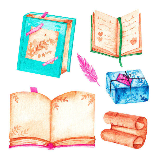 Акварель с книгами на белом фоне 04
