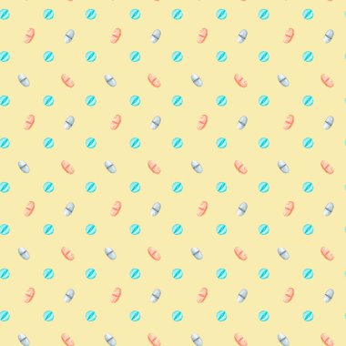 Sarı zemin üzerinde haplar ve kapsüllerle suluboya tıbbi desen