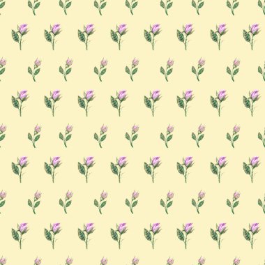 Güllü suluboya desen, sarı arka planda tomurcuklar.