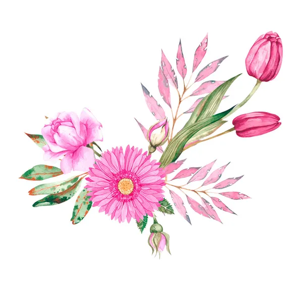 Akvarellsammansättning med rosor, blomknoppar, gerbera, tulpaner, kvistar — Stockfoto