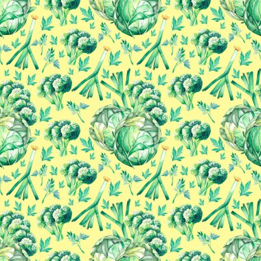 Yeşil sebzeli suluboya deseni, soğan, lahana, brokoli, maydanoz