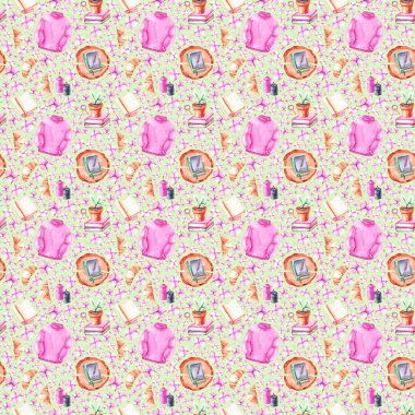 Kitaplı suluboya desen, pamuk, ahşap, süveter, ev çiçekleri