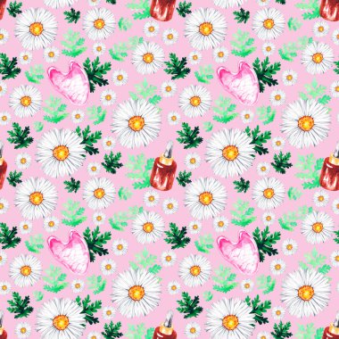 Suluboya desenli taş gouache, serum, pembe arka planda papatya çayı.