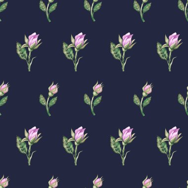 Mavi arka planda suluboya pembe botanik desen