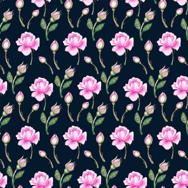 Mavi arka planda pembe güller ve tomurcuklar olan botanik suluboya deseni