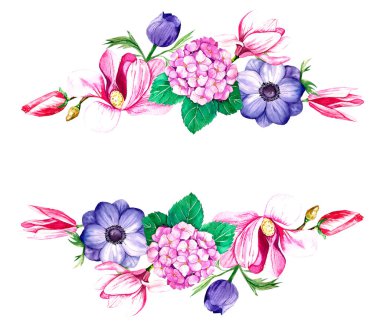 Anemonlar, ortancalar ve manolyalar içeren botanik çerçeve