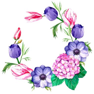 Deniz şakayığı, ortanca ve manolya içeren yuvarlak botanik çerçeve