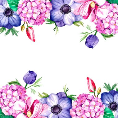 Deniz şakayıkları ve manolyalar içeren kare botanik çerçeve