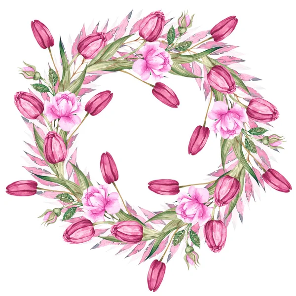 Ramka botaniczna z różowymi różami i tulipanami — Zdjęcie stockowe