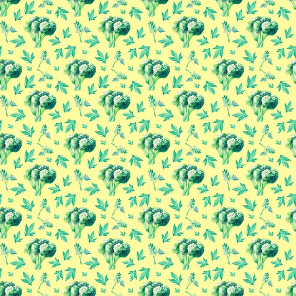 Akvarell zöld minta brokkoli, petrezselyem — Stock Fotó