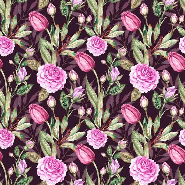 植物构图，粉红玫瑰，芽，郁金香，深色背景 图库图片