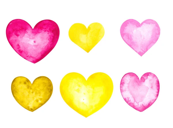 Corações aquarela de rosa, verde, cores amarelas 2 — Fotografia de Stock