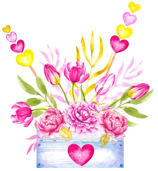 Akvarel kytice v dřevěné krabici se srdcem 004 — Stock fotografie