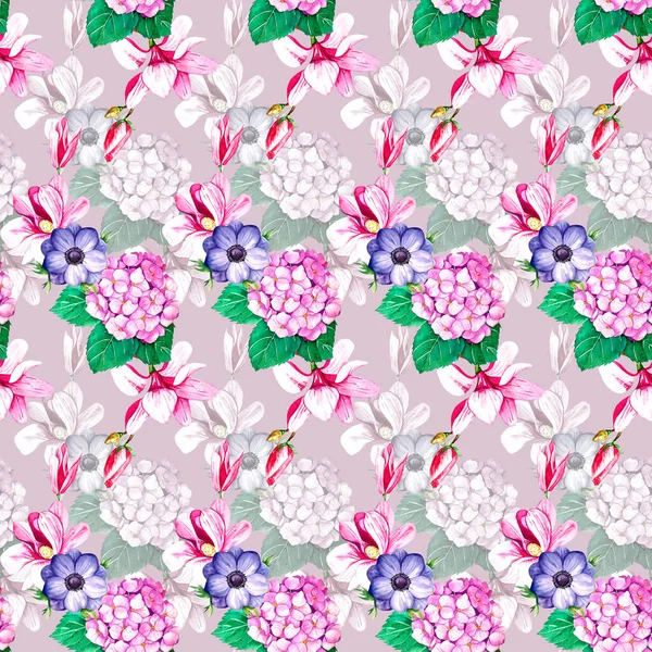 Patrón de acuarela con magnolias, hortensias, anémonas sobre fondo rosa 2 —  Fotos de Stock