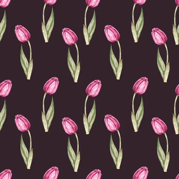 Aquarelpatroon met tulpen op een donkere achtergrond — Stockfoto