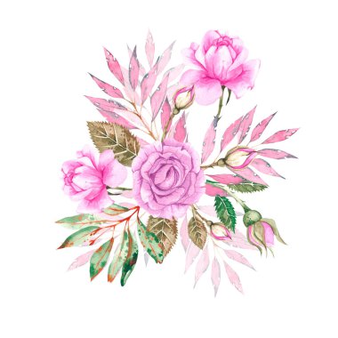 Güllerle, tomurcuklarla suluboya kompozisyon