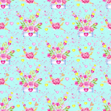 Kutusunda buket olan bir botanik desen, şakayıklar, laleler, sıçramalar, kalpler.