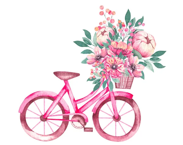 Watercolor bicycle with a basket of anemone flowers — Stockfoto