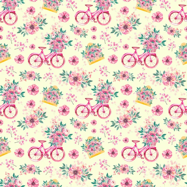 带自行车、信封、海葵的水彩图案 免版税图库照片