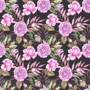 Pembe güllü botanik deseni, koyu arkaplanda tomurcuklar.