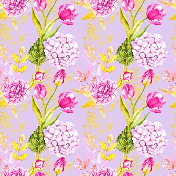 Patrón botánico con hortensias, tulipanes, gerberas, peonías —  Fotos de Stock