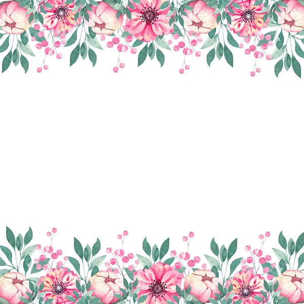 Akvarelový rám z květů sasanky 15 — Stock fotografie