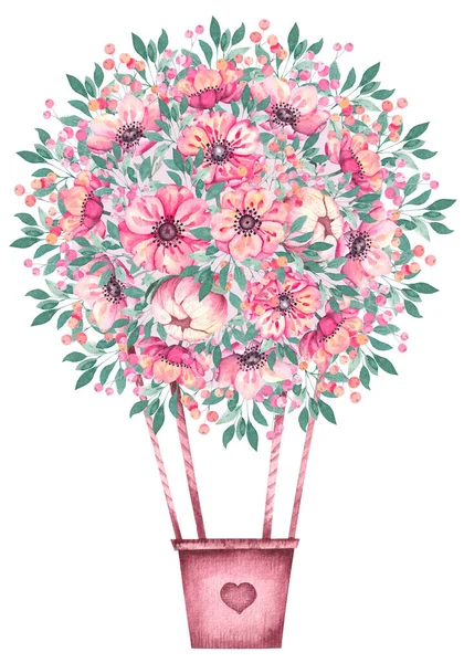 Watercolor hot air balloon made of anemone flowers — Zdjęcie stockowe