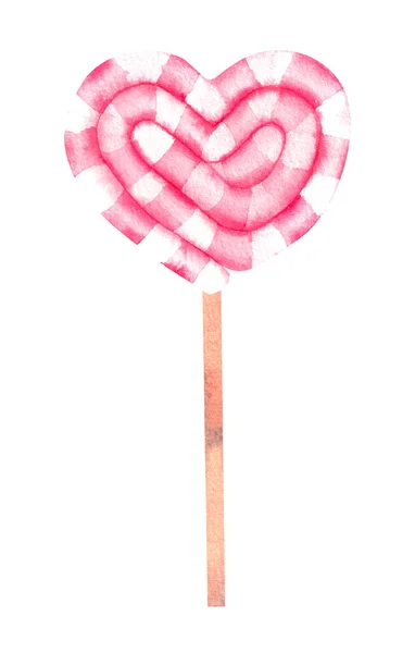 Aquarell herzförmiger Lutscher zum Valentinstag auf weißem Hintergrund — Stockfoto
