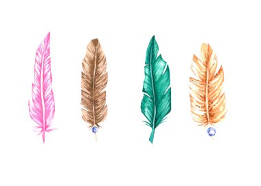 Beyaz arkaplanda suluboya boho tarzı tüy