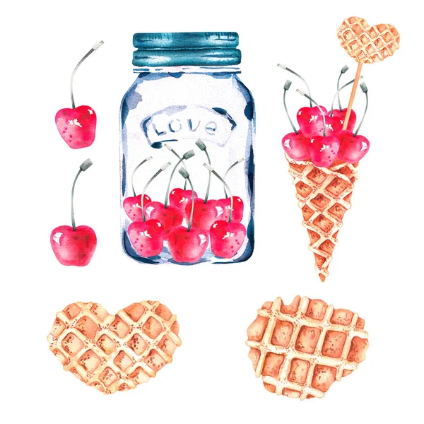 Conjunto de aquarela com cereja, waffles, jarra para o Dia dos Namorados — Fotografia de Stock