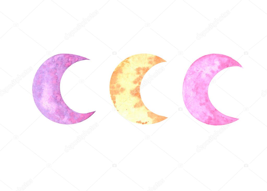 Watercolor set moons in boho style on a white background for logo design, promotion, marketing, gift wrapping, postcards, templates, stickers, web design