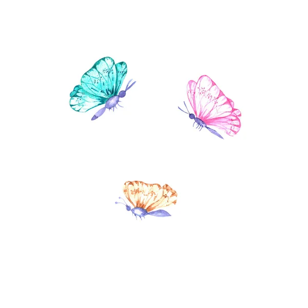 Akvarel sada barevných motýlů na bílém pozadí — Stock fotografie