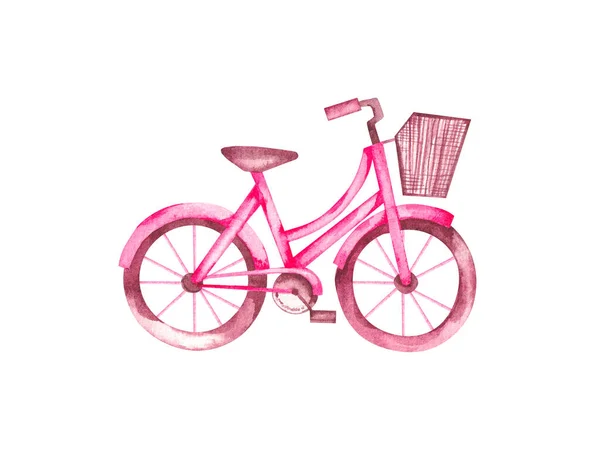 Bicicleta acuarela rosa con cesta sobre fondo blanco — Foto de Stock