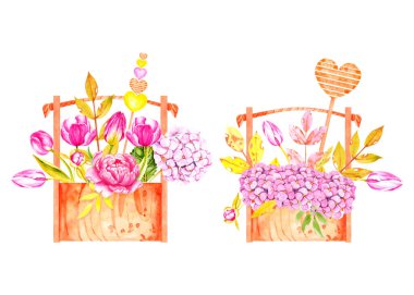 Sevgililer Günü için beyaz arka planda bir kutuda suluboya buketler