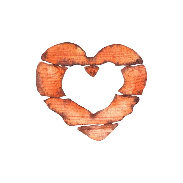 Akvarel dřevěné srdce na bílém pozadí pro Valentýna — Stock fotografie