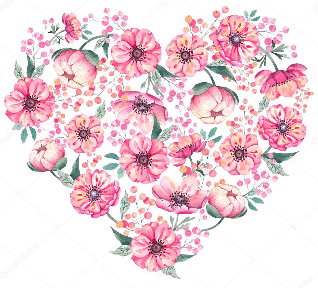 Watercolor heart of anemones, berries on a white background for Valentines day for logo design, promotion, marketing, gift wrapping, postcards, templates