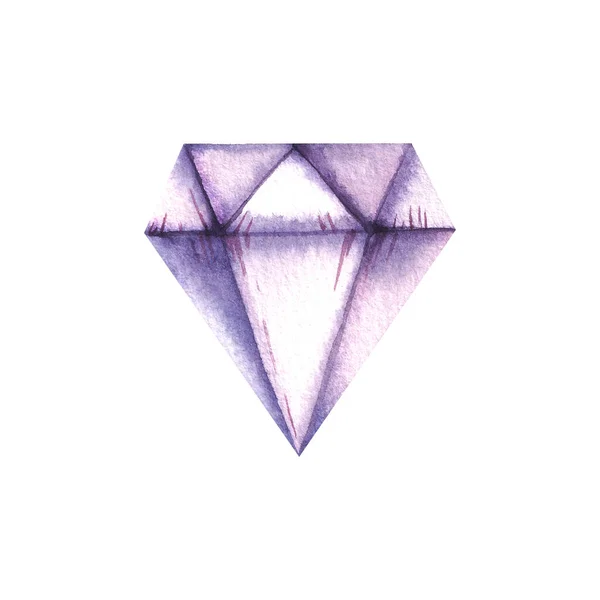 Watercolor purple crystal, diamond on white background — Stock Photo, Image