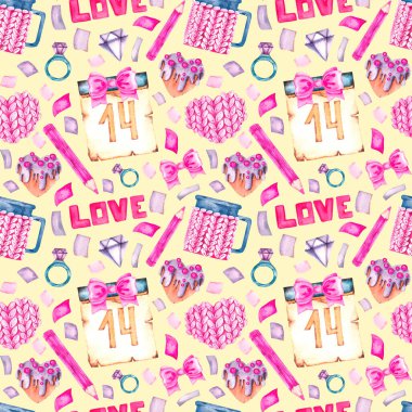 Sevgililer Günü için suluboya desenli kalpler, takvimler, fiyonklar, kalemler, zencefilli çörekler