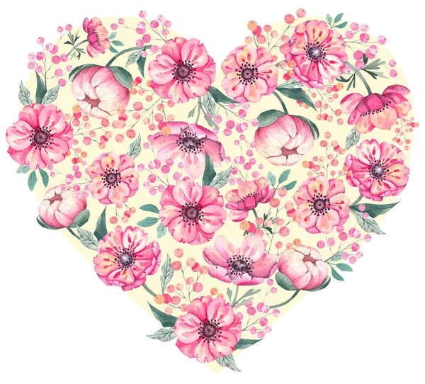 Aquarell Herz aus Anemonenblüten auf weißem Hintergrund — Stockfoto