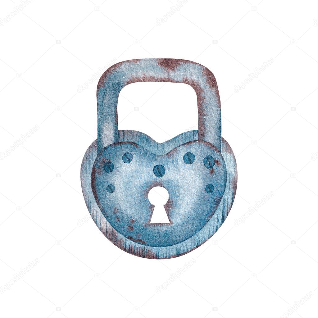 Watercolor door lock in vintage style on white background for logo design, promotion, marketing, gift wrapping, postcards, templates, stickers, web design