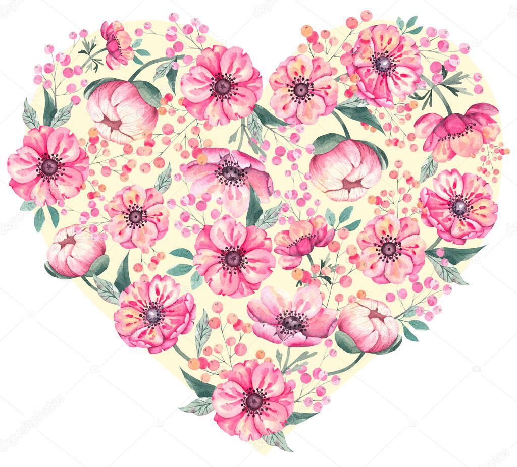 Watercolor heart of anemone flowers on a white background for logo design, promotion, marketing, gift wrapping, postcards, templates, stickers, web design
