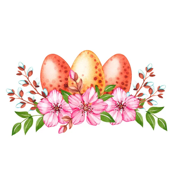 Akvarell påsk Färgade ägg med körsbärsblommor — Stockfoto