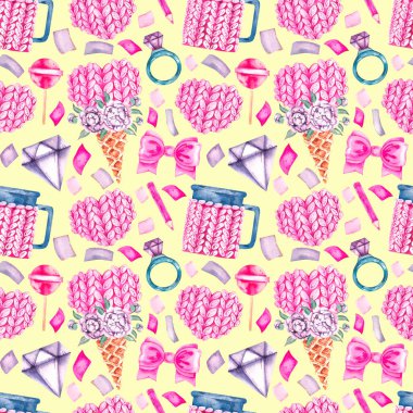 Kalpli suluboya deseni, yaylar, dondurma, kristaller, sarı arka planda kalem.