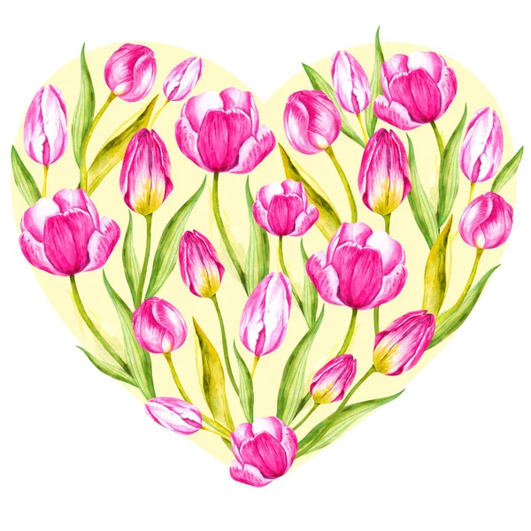 Akvarel srdce tulipánů na žlutém pozadí — Stock fotografie