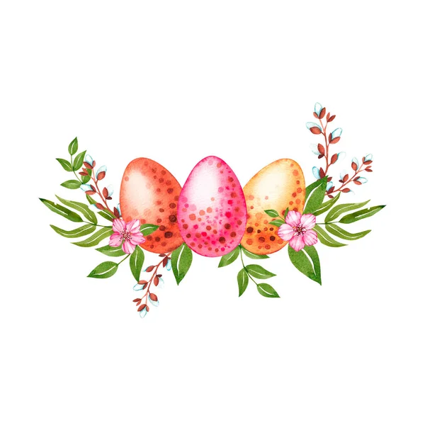 Watercolor colored Easter eggs with flowers on a white background — Stock Photo, Image